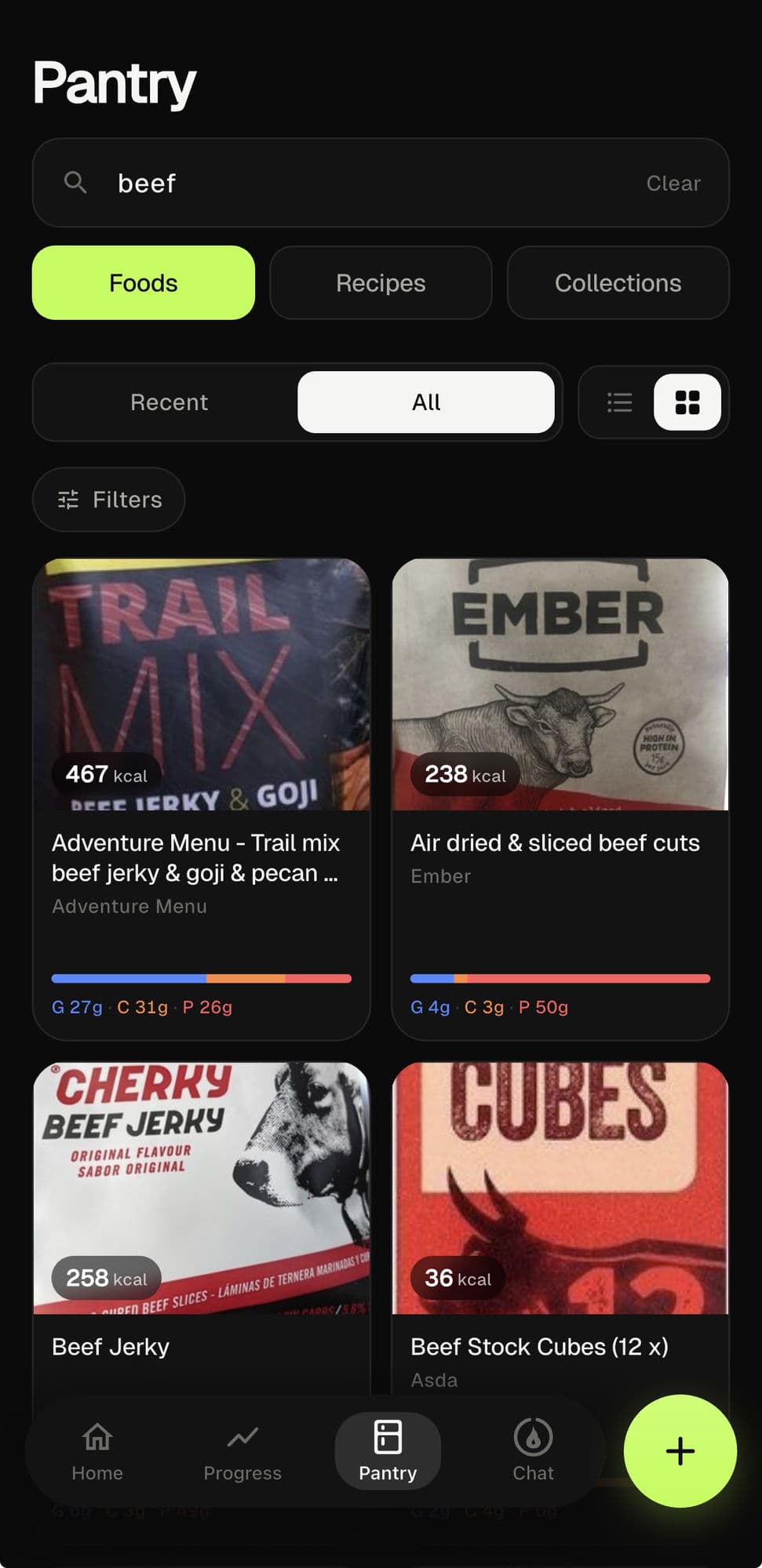 Searching "beef" in the MacroDash library, with products from several brands, calories and macros
