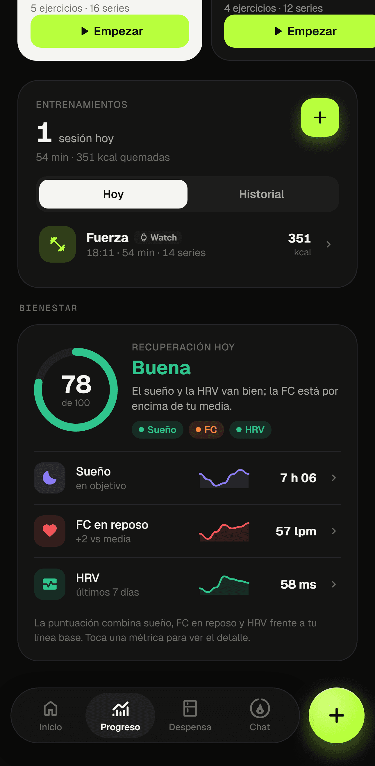 Pantalla de bienestar de MacroDash con sueño, frecuencia en reposo y HRV