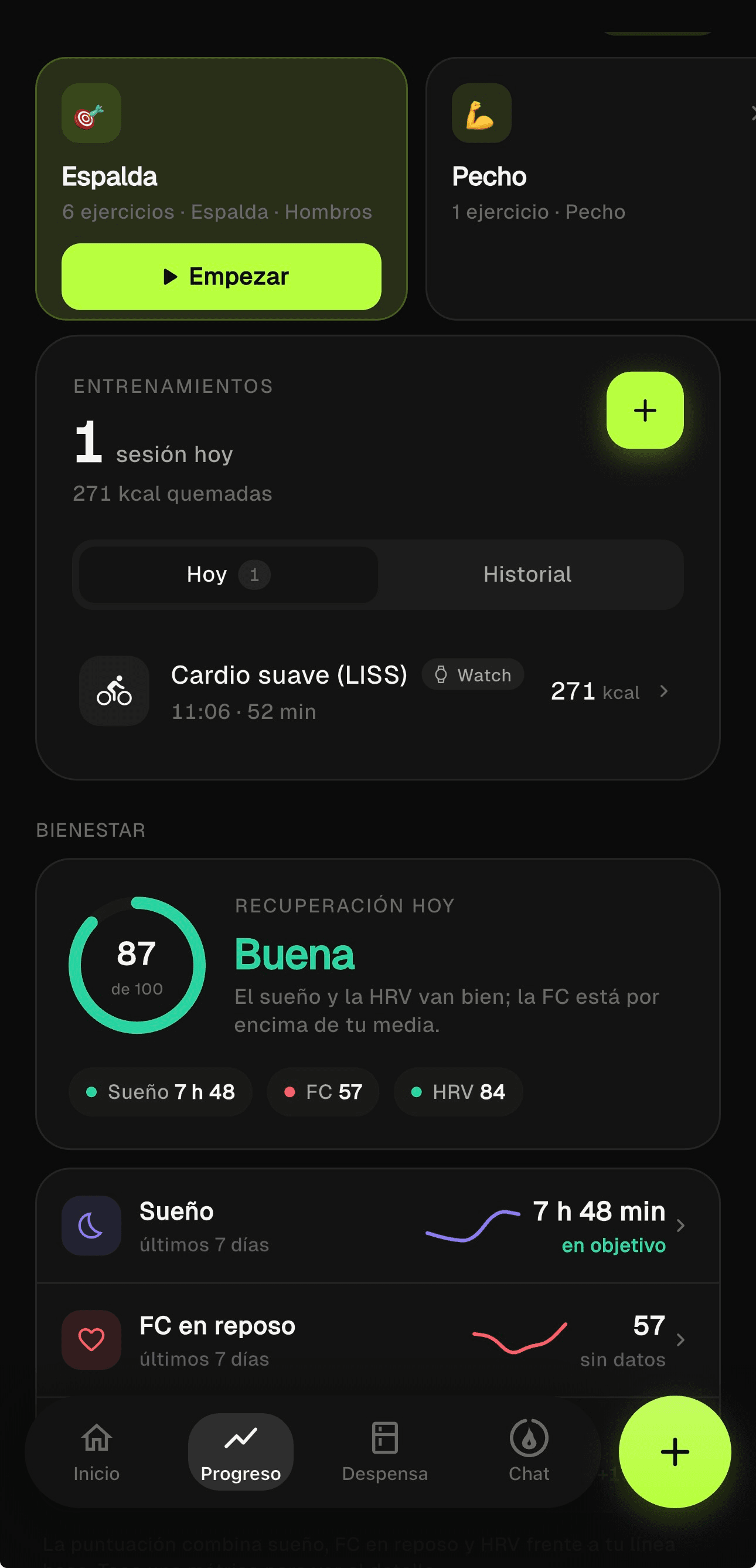 Pantalla de bienestar con sueño por fases, frecuencia cardíaca en reposo y HRV