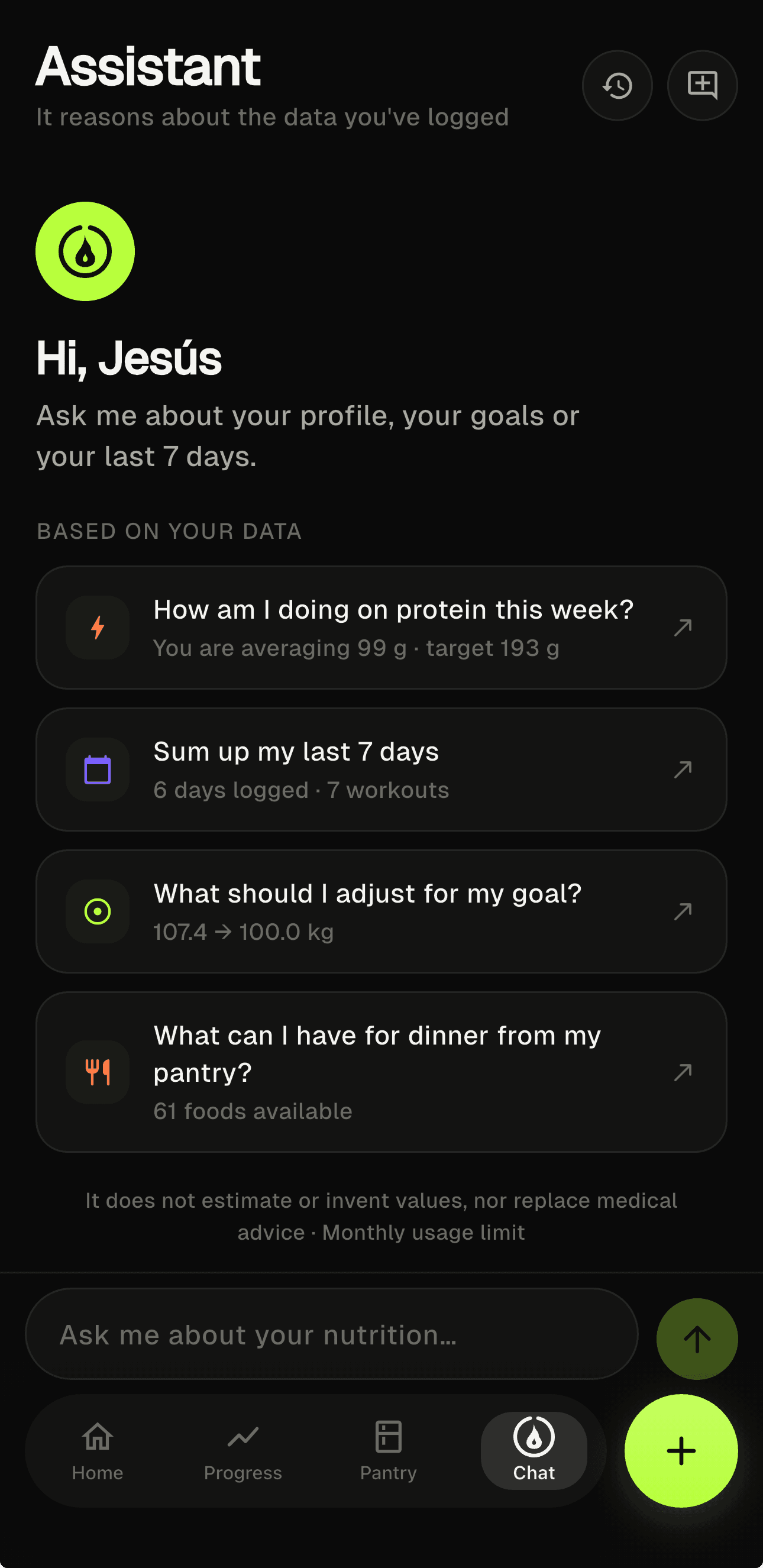 MacroDash assistant home screen with data-based question suggestions