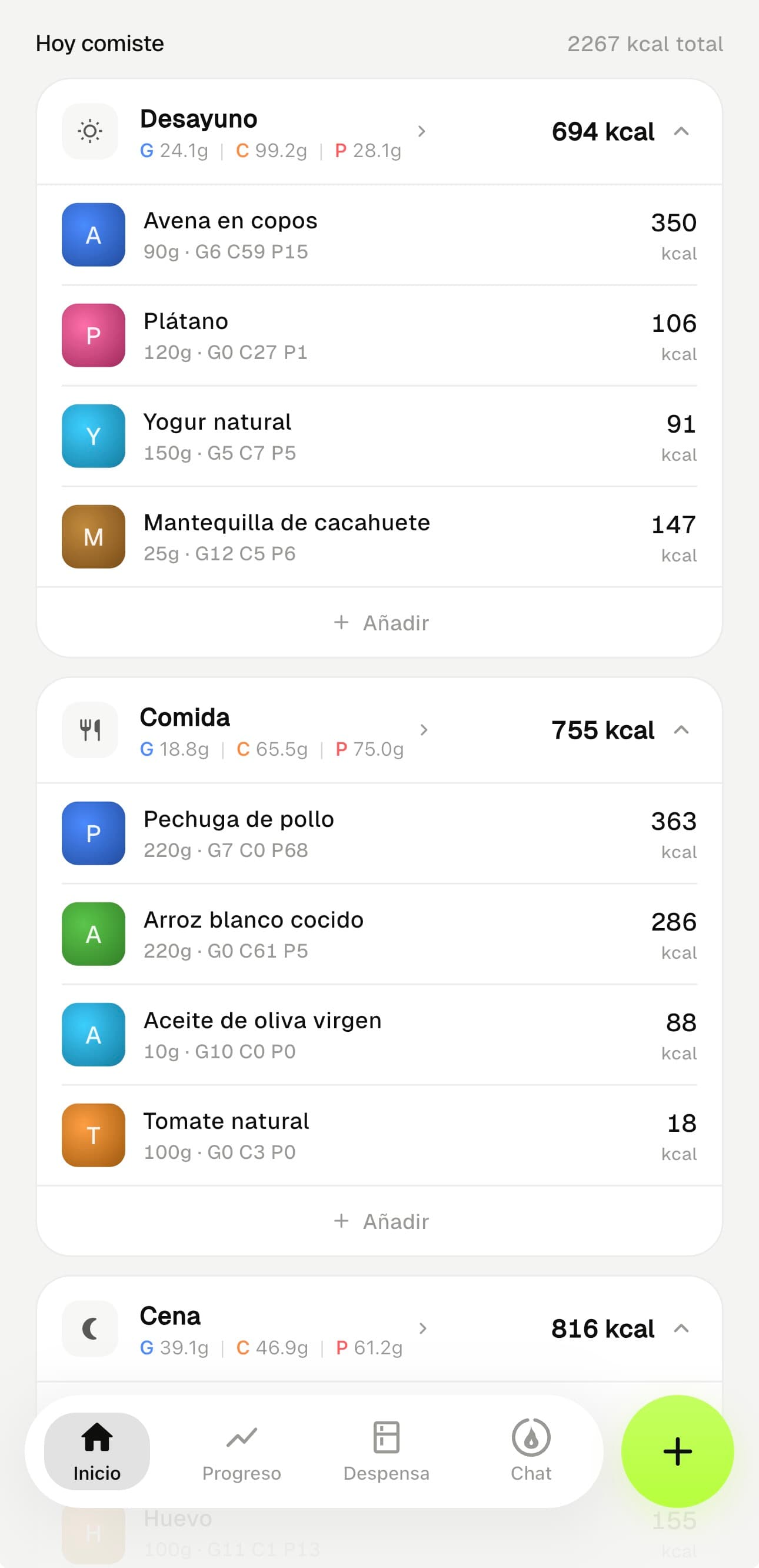 MacroDash food diary: breakfast, lunch and dinner with their calories and macros