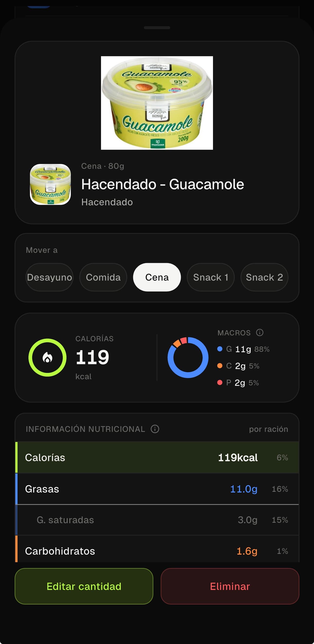 Detalle de un alimento con macronutrientes desglosados en colores y selector de comida