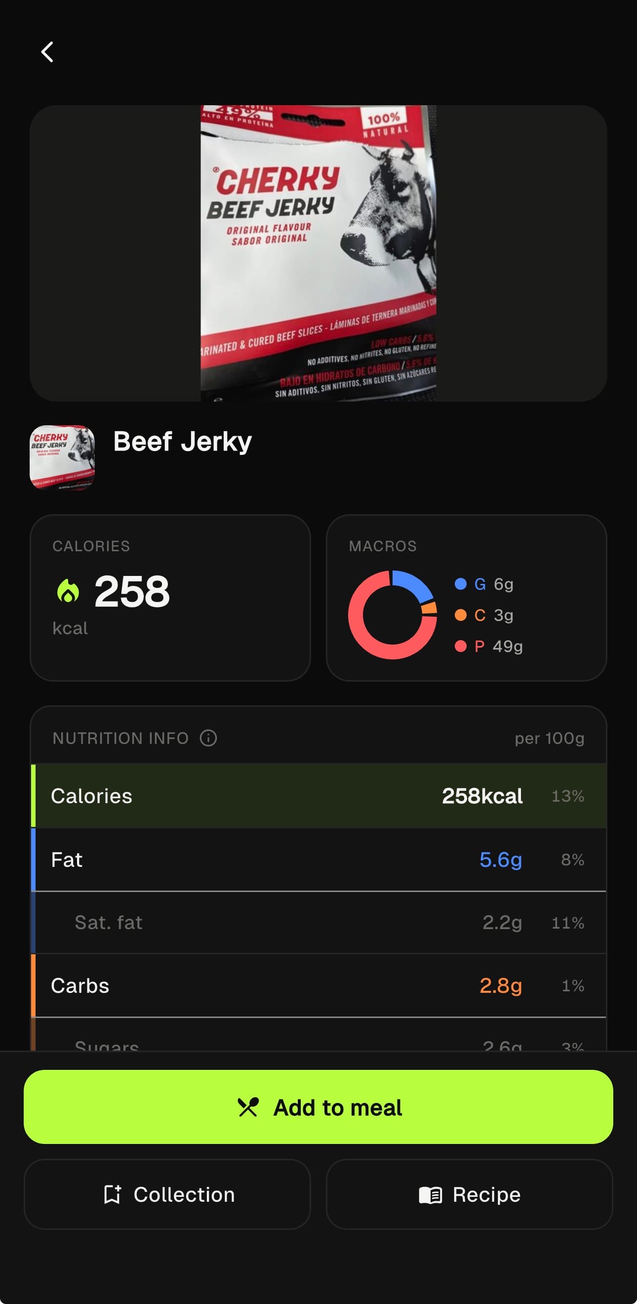 A food detail with macronutrients broken down in colors and a meal selector