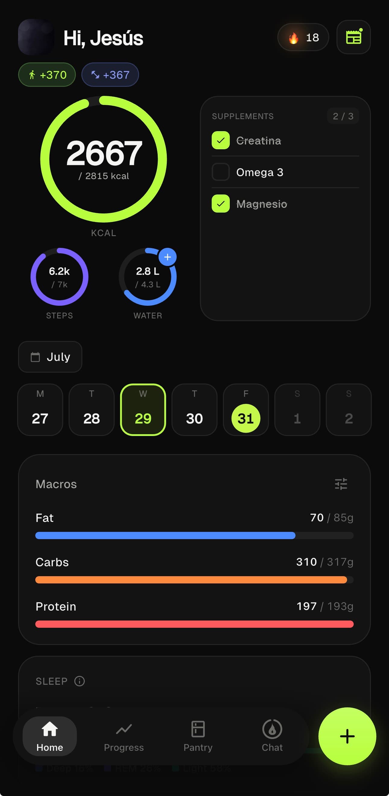 MacroDash home screen with the day's calories, macros, steps and supplements