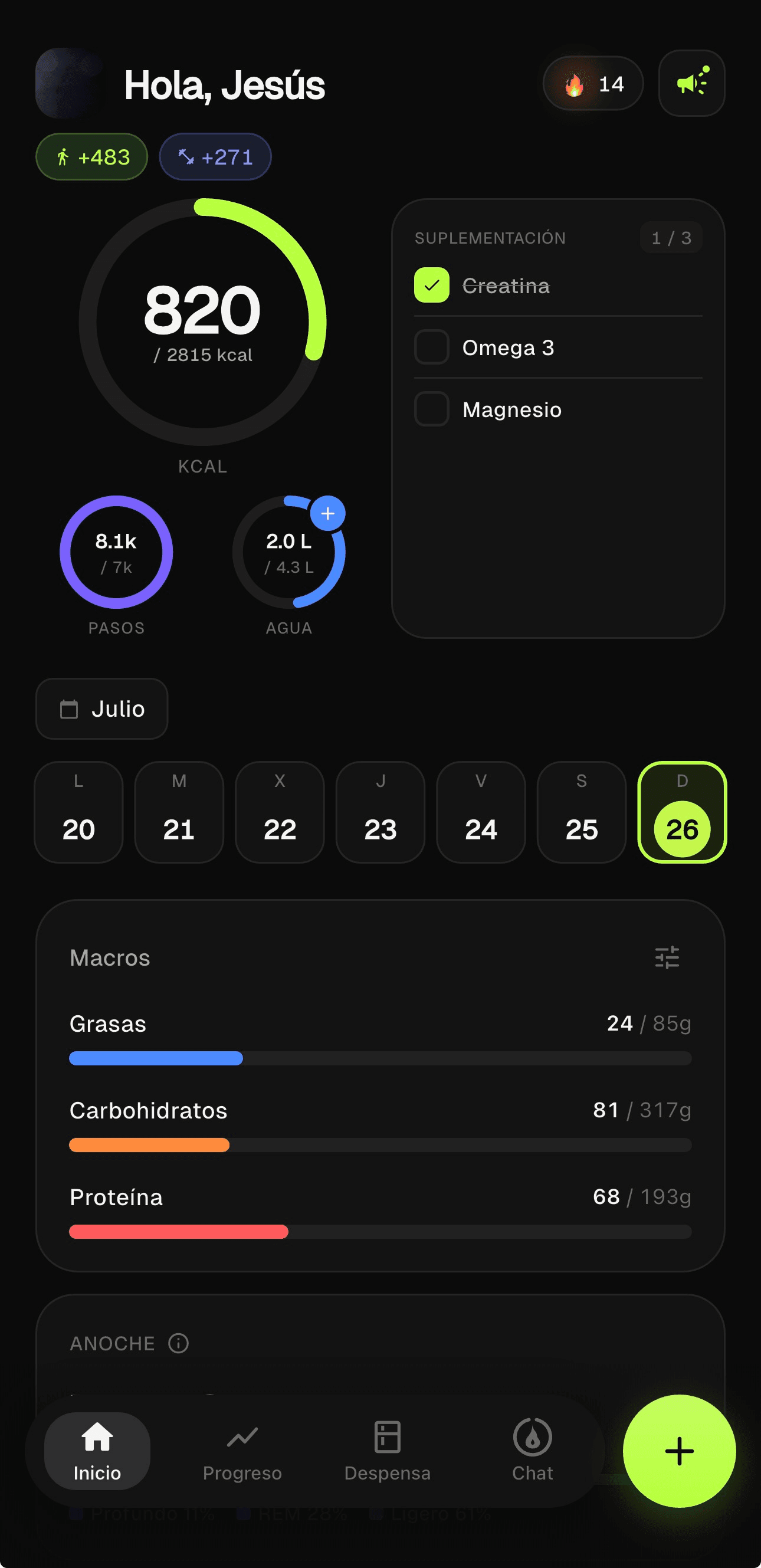 Pantalla principal de MacroDash con las calorías del día, macros, pasos y suplementación
