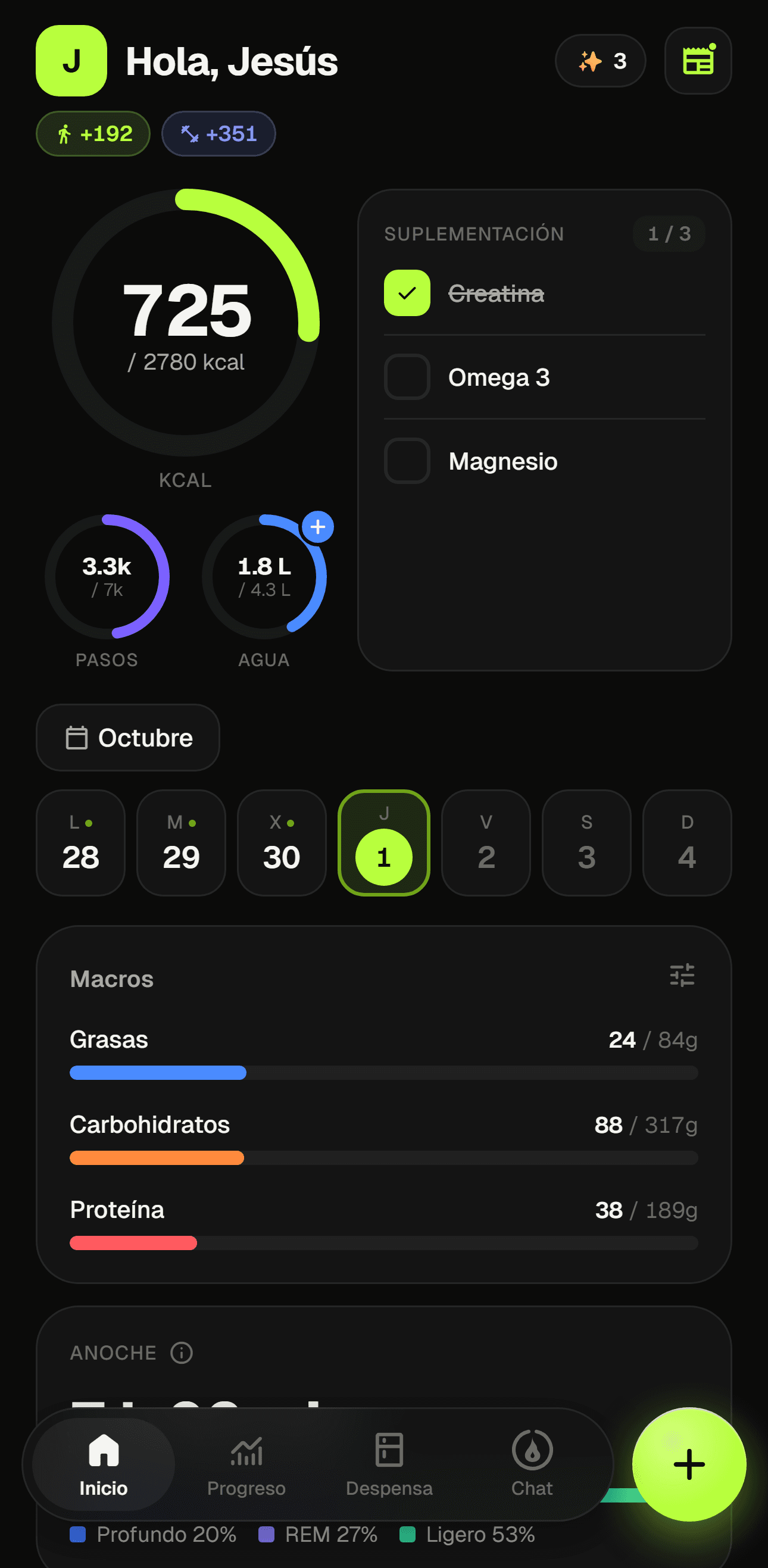 Pantalla principal de MacroDash con calorías, macros y pasos del día