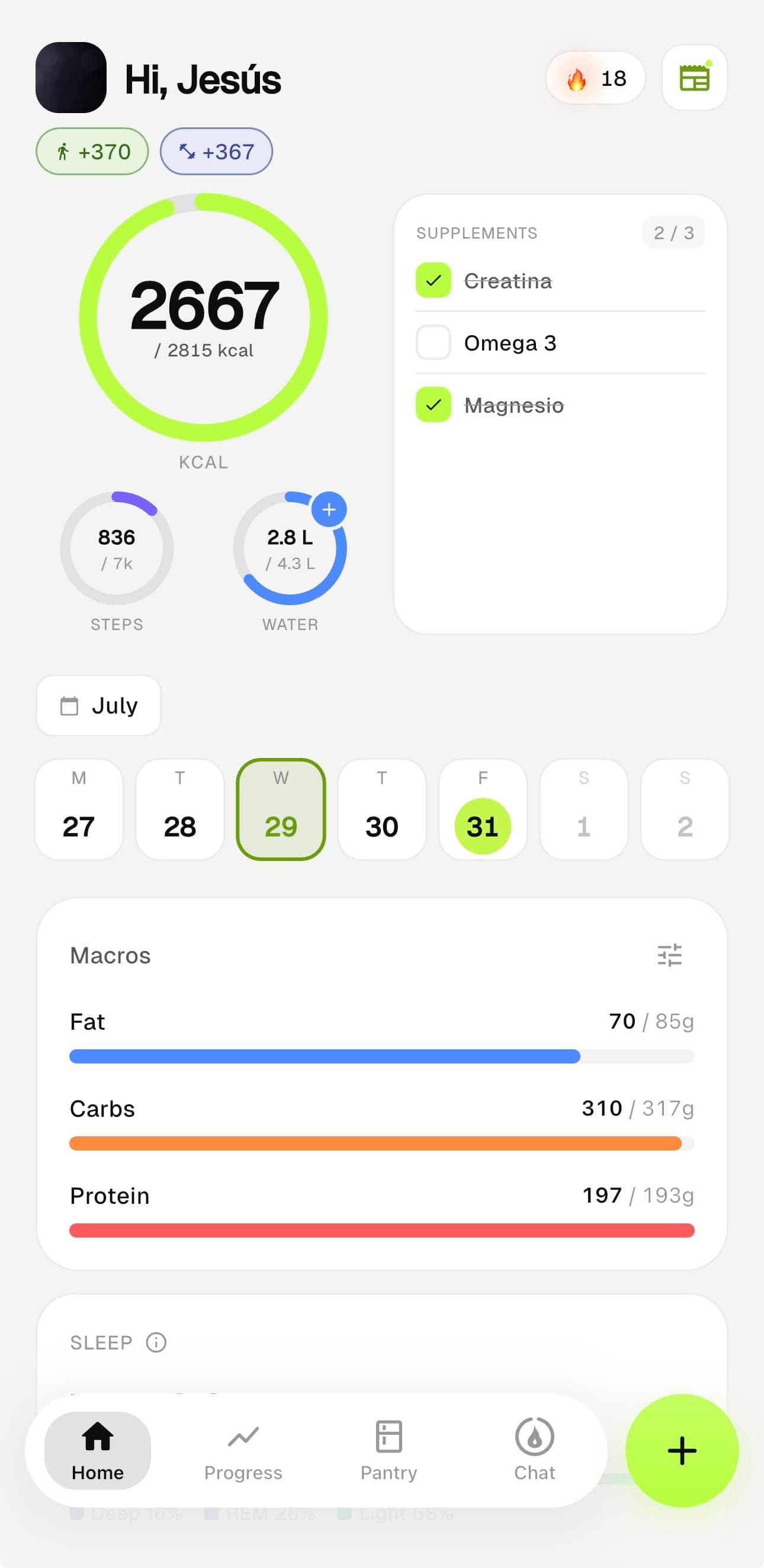 MacroDash home screen showing macros, steps and supplements
