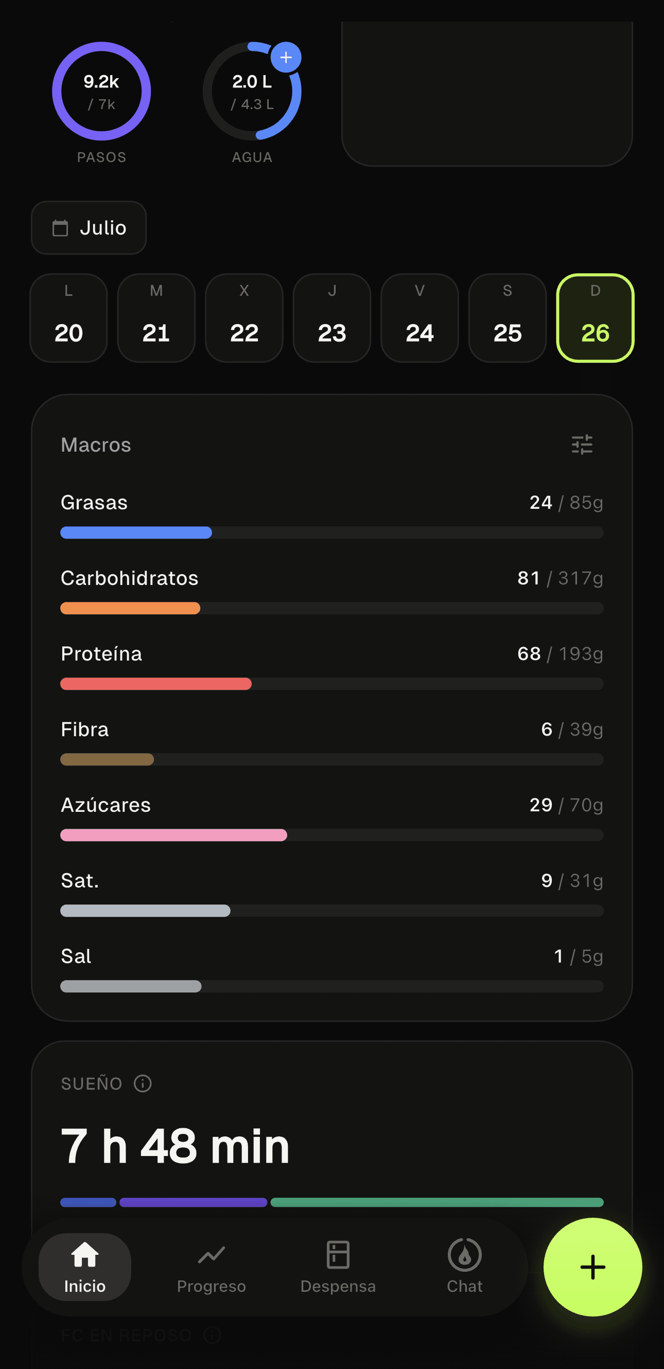 Tarjeta de macros expandida con grasas, carbohidratos, proteína, fibra y azúcares, cada uno con su color
