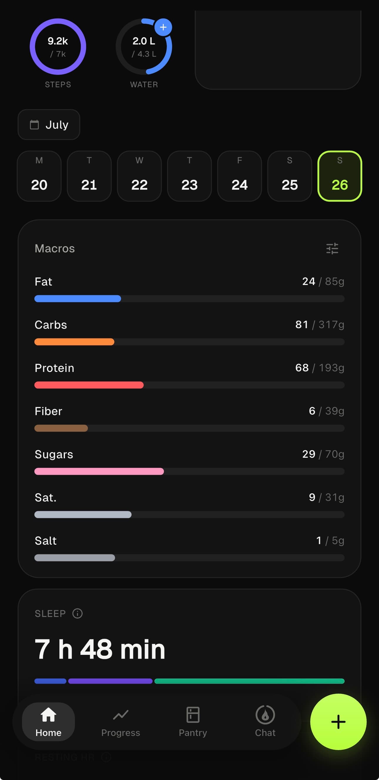 Expanded macro card with fat, carbs, protein, fiber and sugars, each in its own color