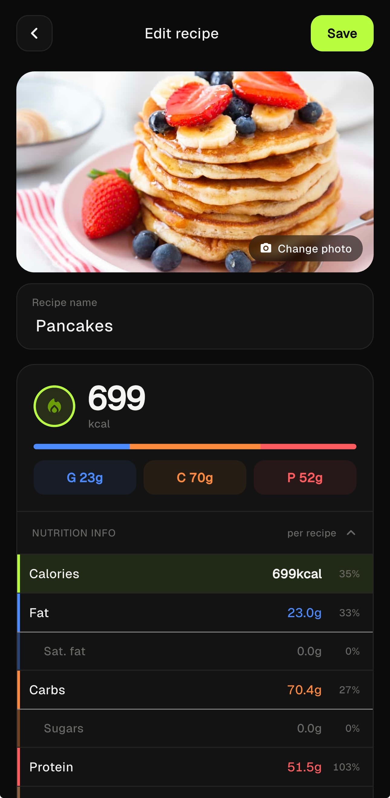 New recipe screen with calories and macros calculating from the ingredients