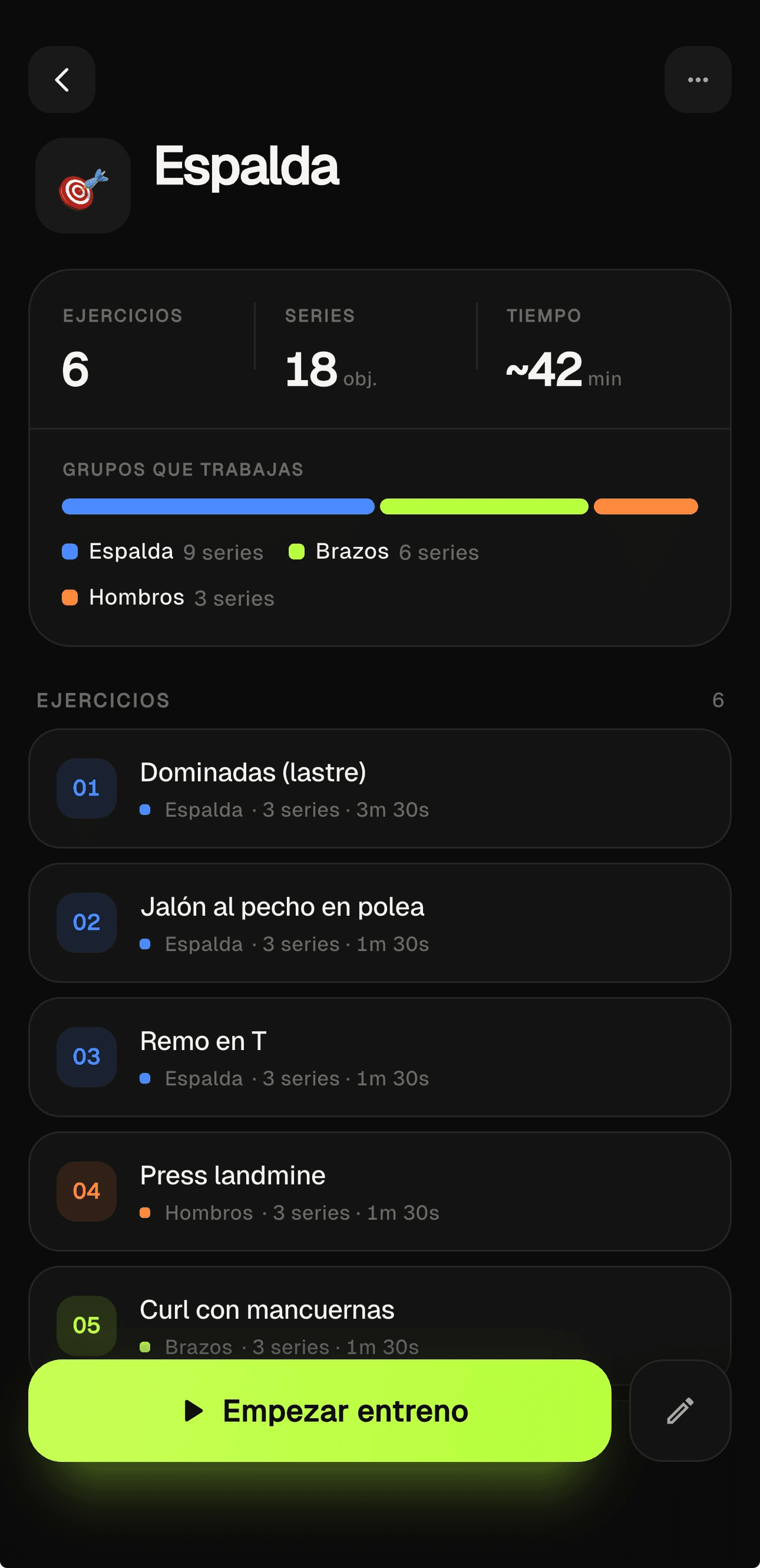 Detalle de un entrenamiento de fuerza con energía estimada, series por grupo y ejercicios