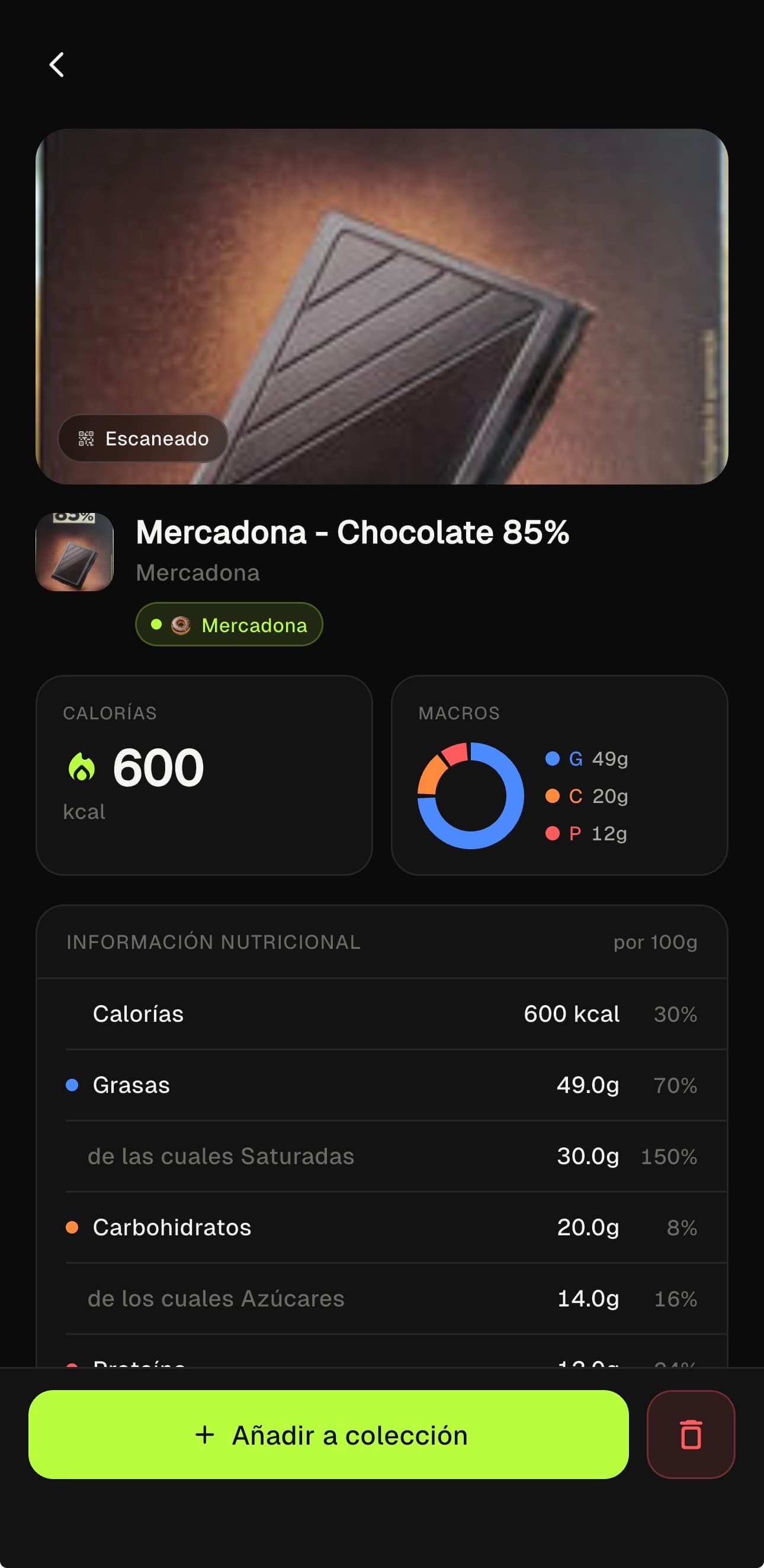 Detalle de un alimento con macronutrientes desglosados en colores