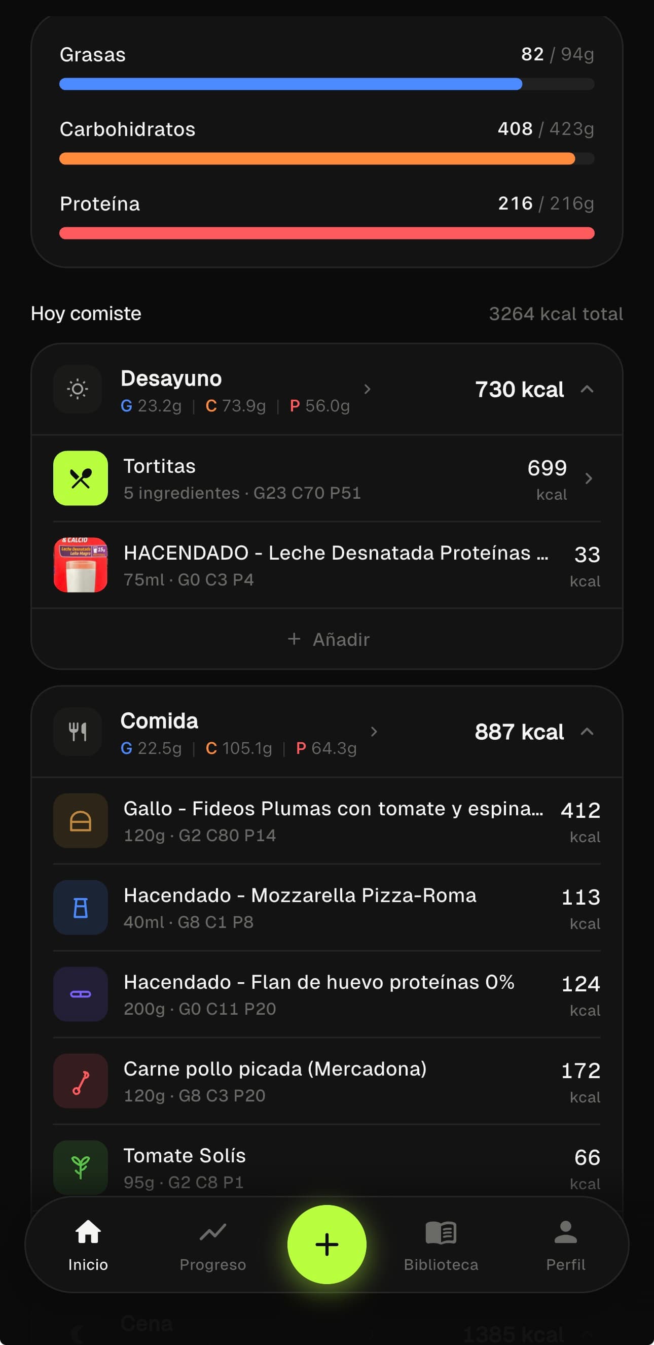 Segunda vista de la pantalla principal de NutriTrack
