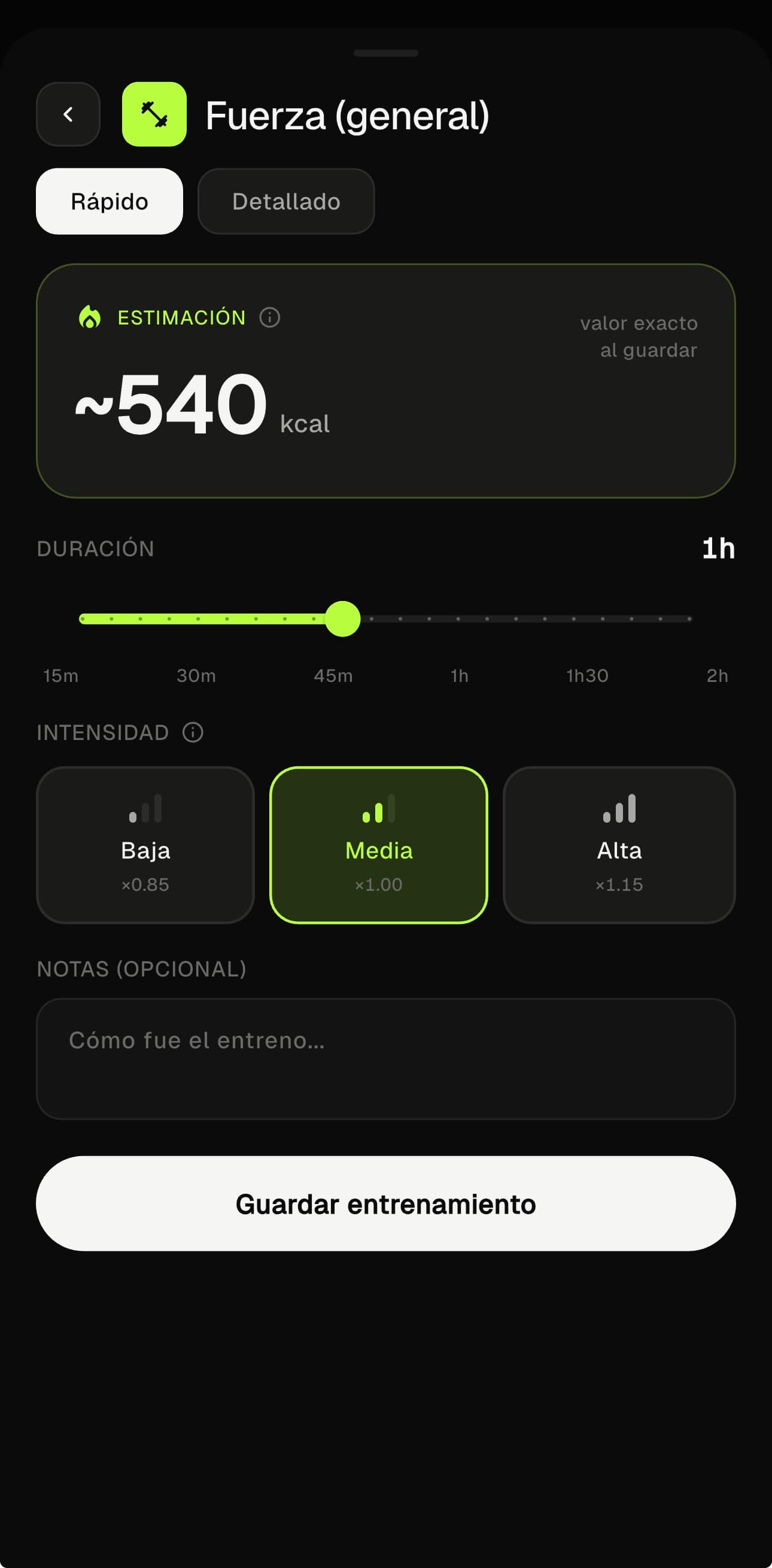 Pantalla de entrenamiento con estimación de calorías, duración e intensidad
